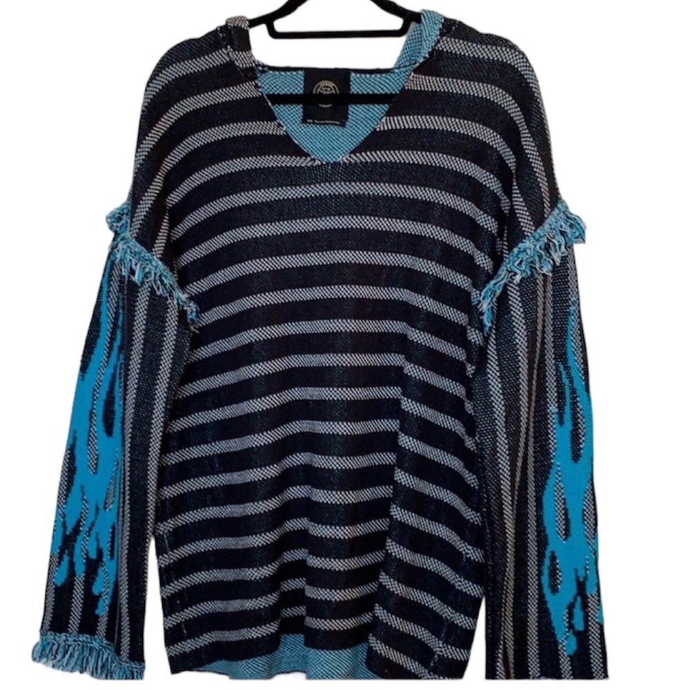Urban Outfitters Blue and Black Striped V-Neck Sweater